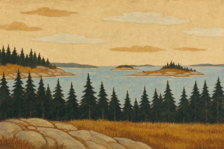 A painted band of dark pointed spruce silhouetted against pale water and evening sky