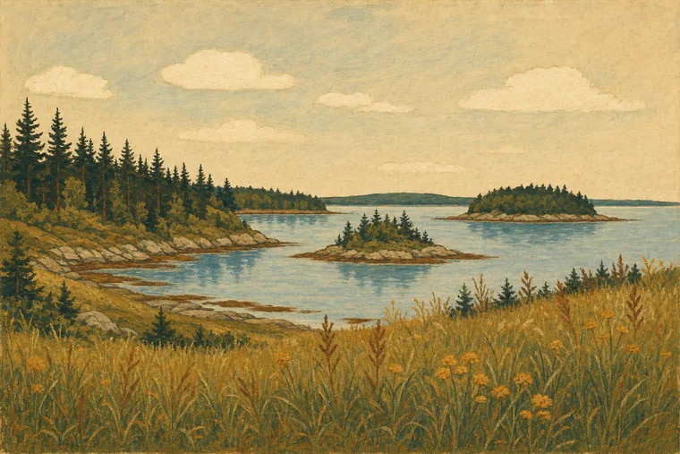 A painted panorama of a tidal cove: spruce along the far shore, two low wooded islands, meadow grass in the foreground