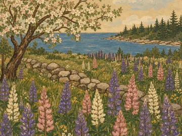 A painting of a meadow of lupines under an apple tree in blossom, with blue water and a spruce point beyond