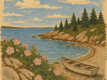 A painting of a small cove at midday with wild pink beach roses over granite ledge and a rowing boat pulled up on the shingle