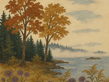 A painting of two maples turned rust and ochre at the edge of a spruce wood, with fog lying on the water behind