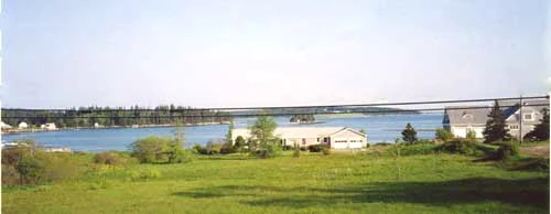 A tidal harbour with low wooded islands, seen across a meadow